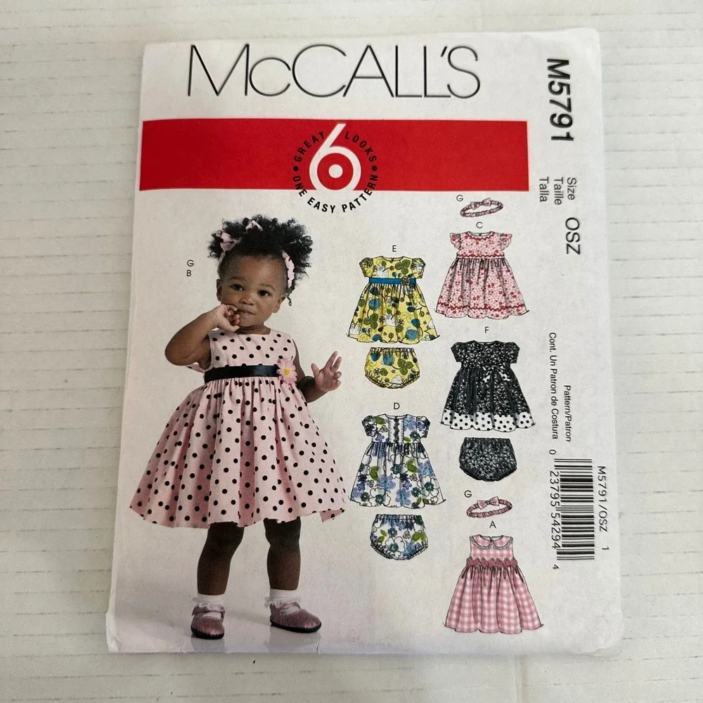 McCall's Sewing Pattern M5791 Infant Dress Bloomer Headband 6 Looks One Size